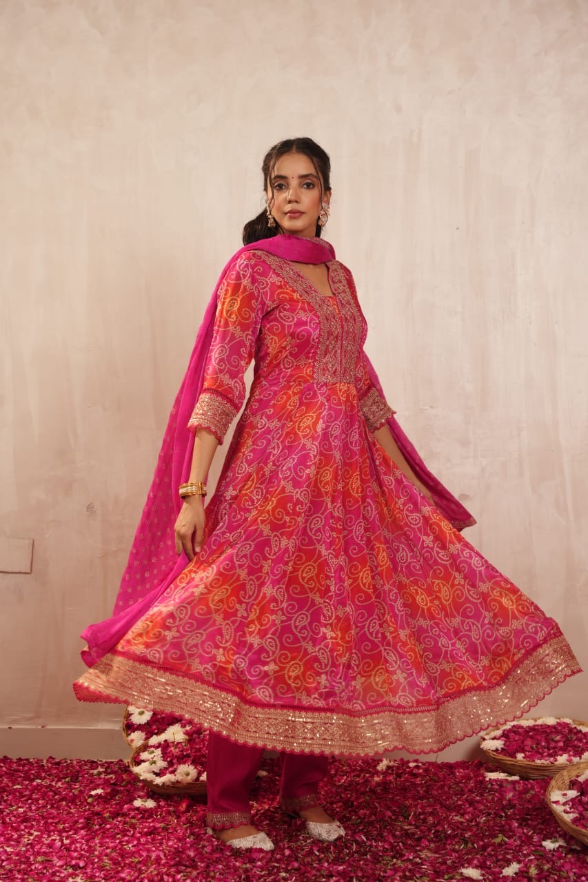 Chinnon Bandhani Heavy Embroidered Anarkali Set - The Jaipur Studio