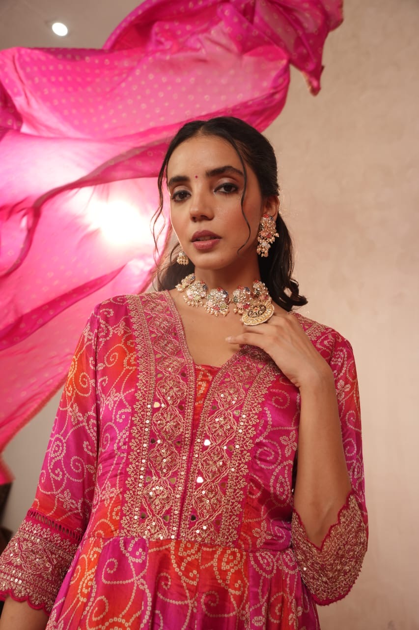 Chinnon Bandhani Heavy Embroidered Anarkali Set - The Jaipur Studio