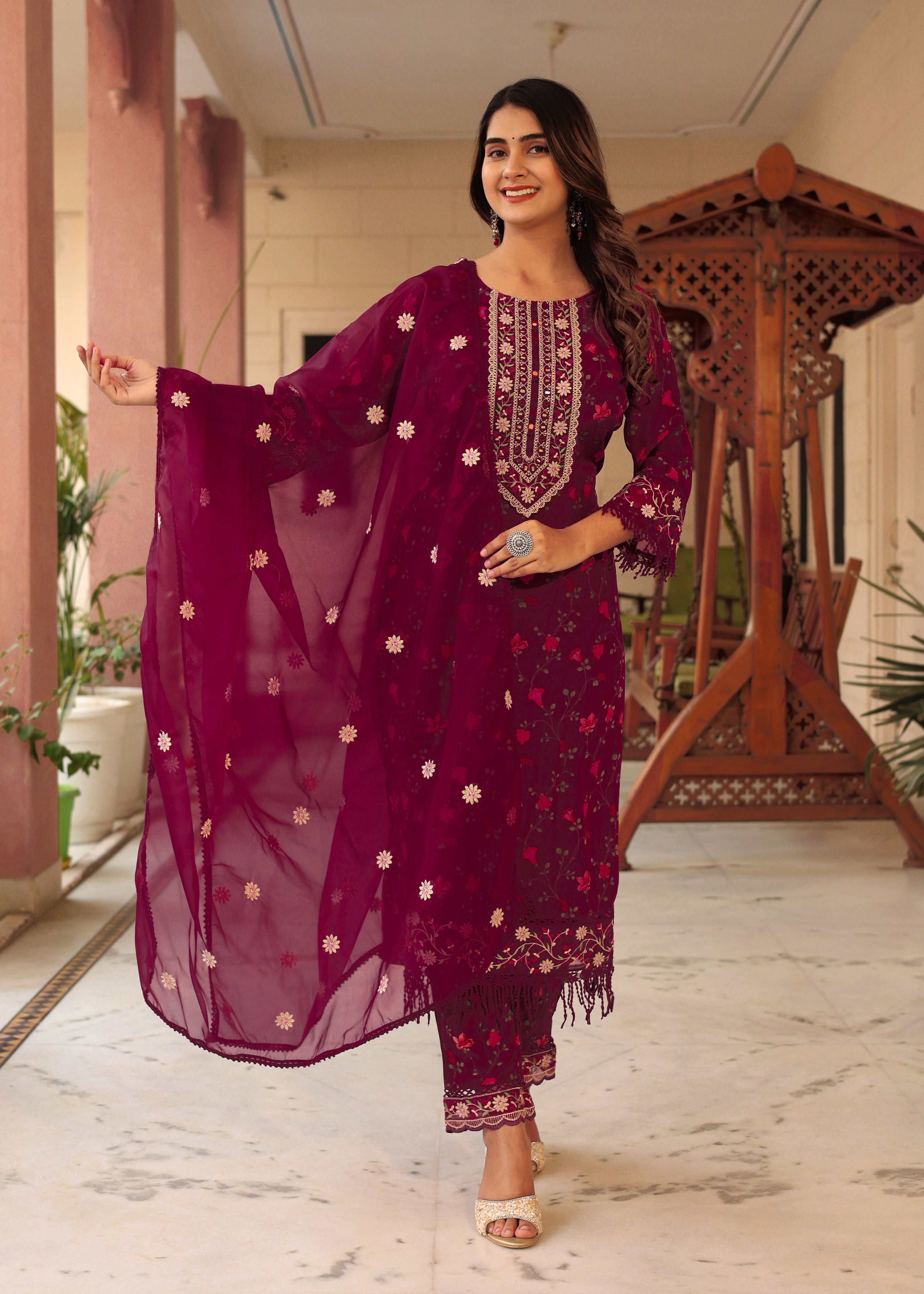 Crepe floral Embroidered Pant Set - The Jaipur Studio