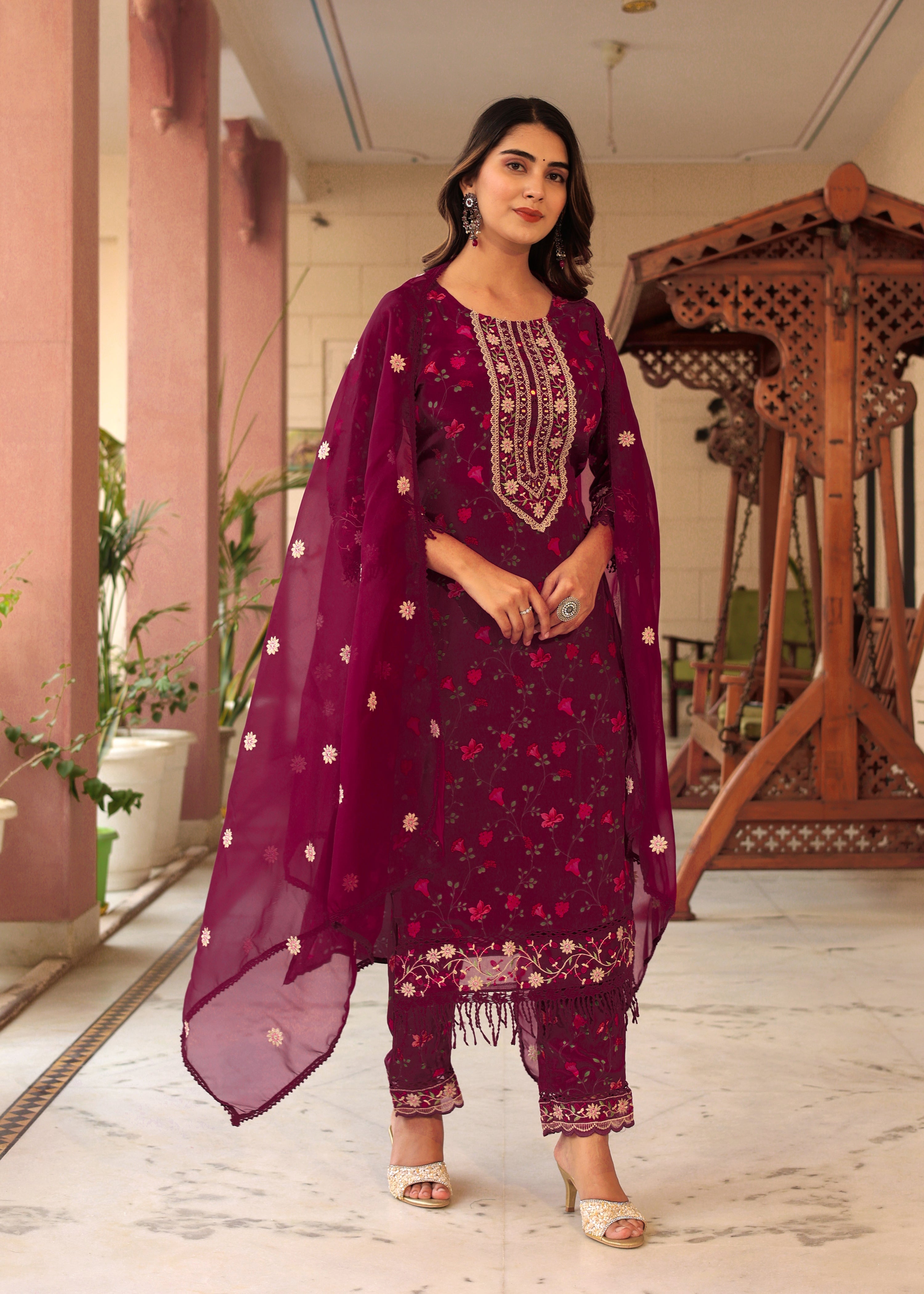 Crepe floral Embroidered Pant Set - The Jaipur Studio
