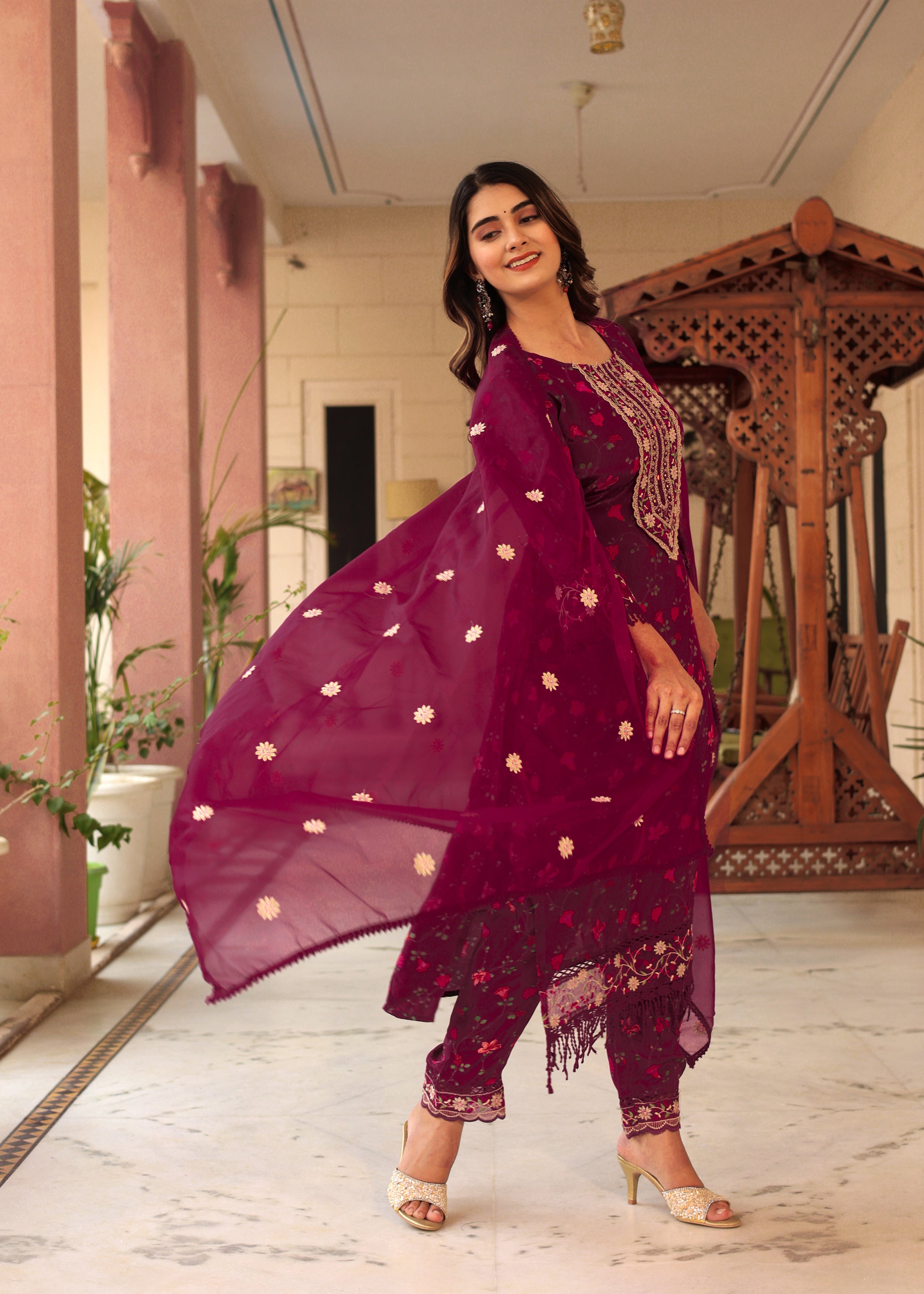 Crepe floral Embroidered Pant Set - The Jaipur Studio