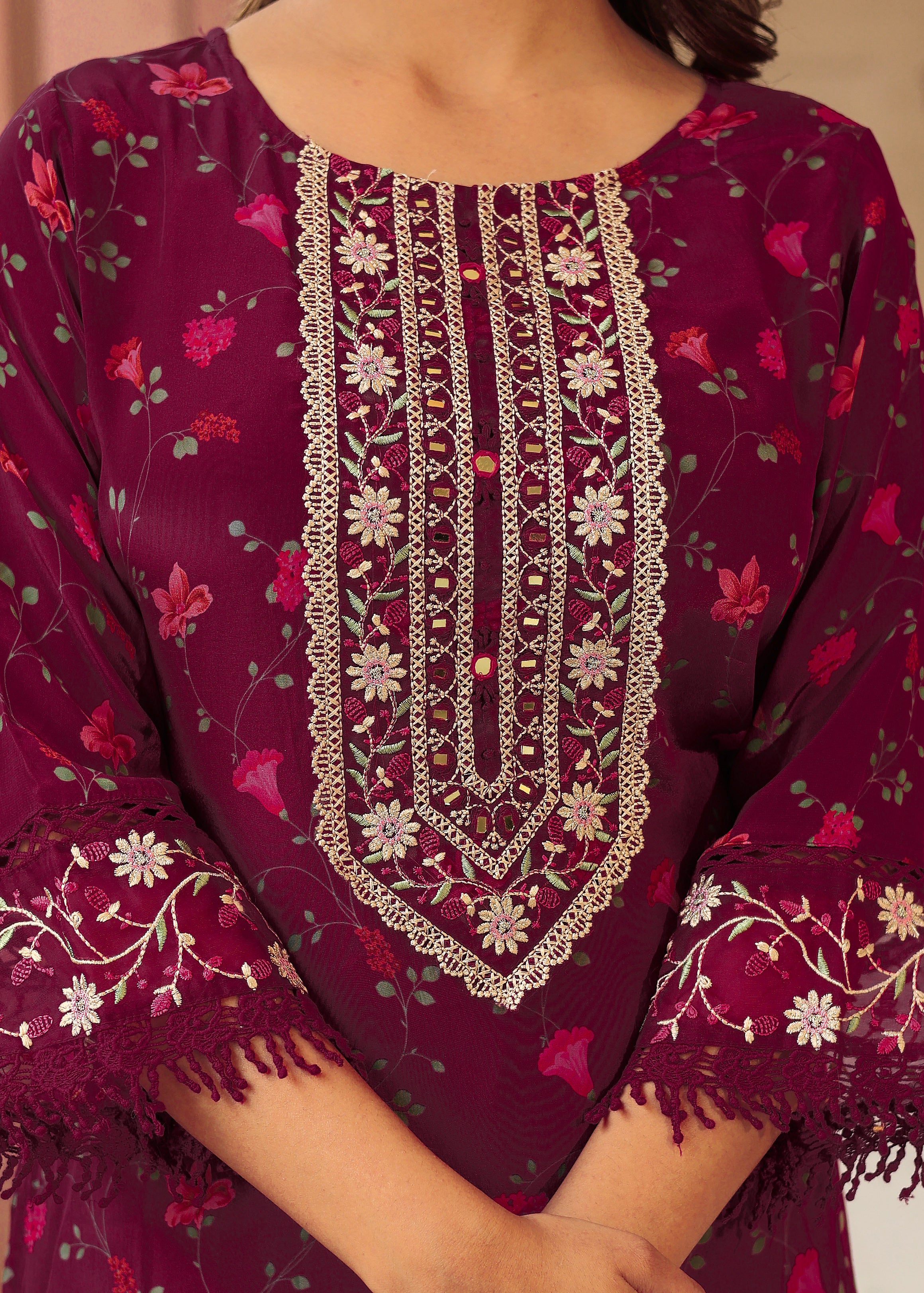 Crepe floral Embroidered Pant Set - The Jaipur Studio