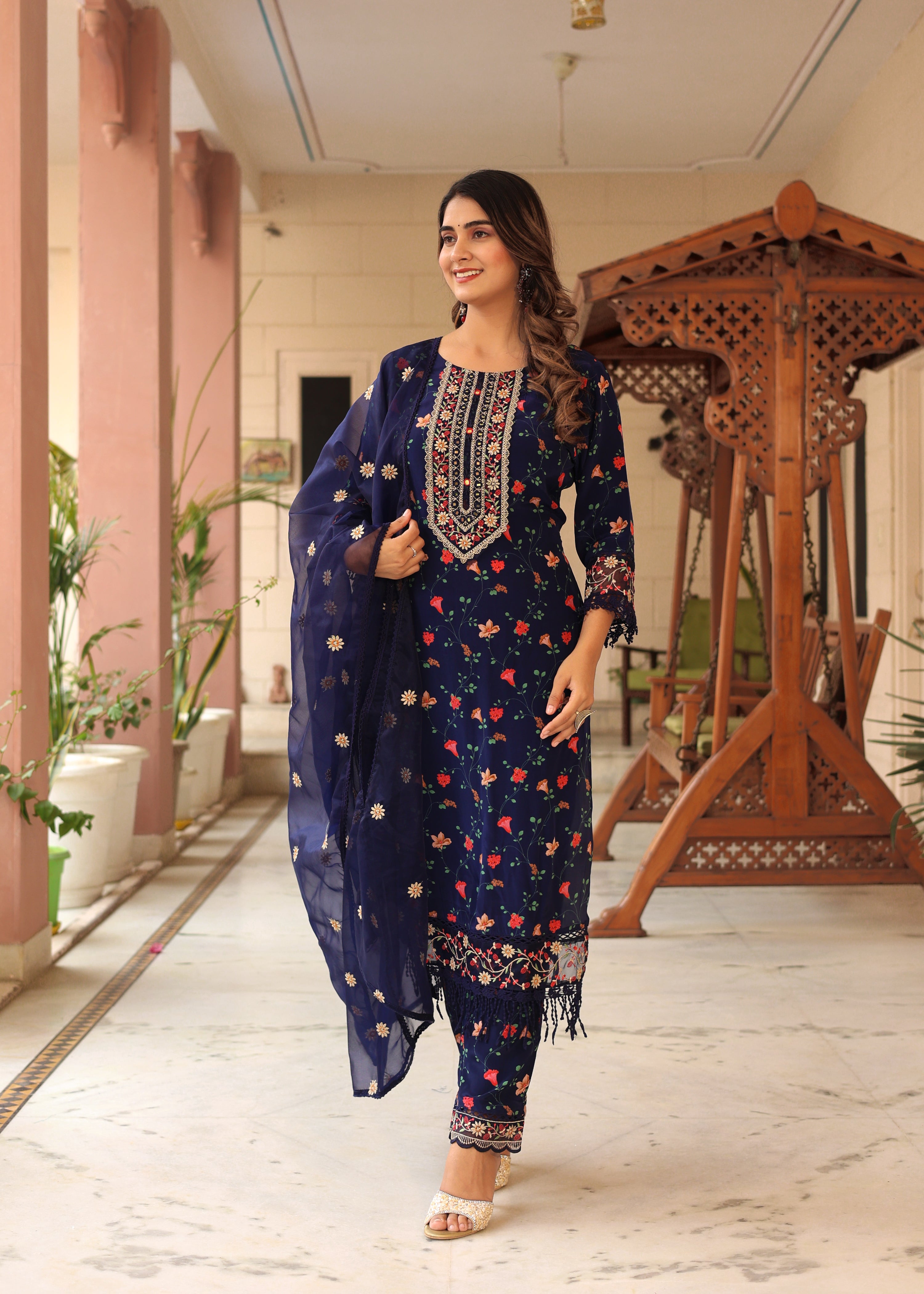 Crepe floral Embroidered Pant Set - The Jaipur Studio