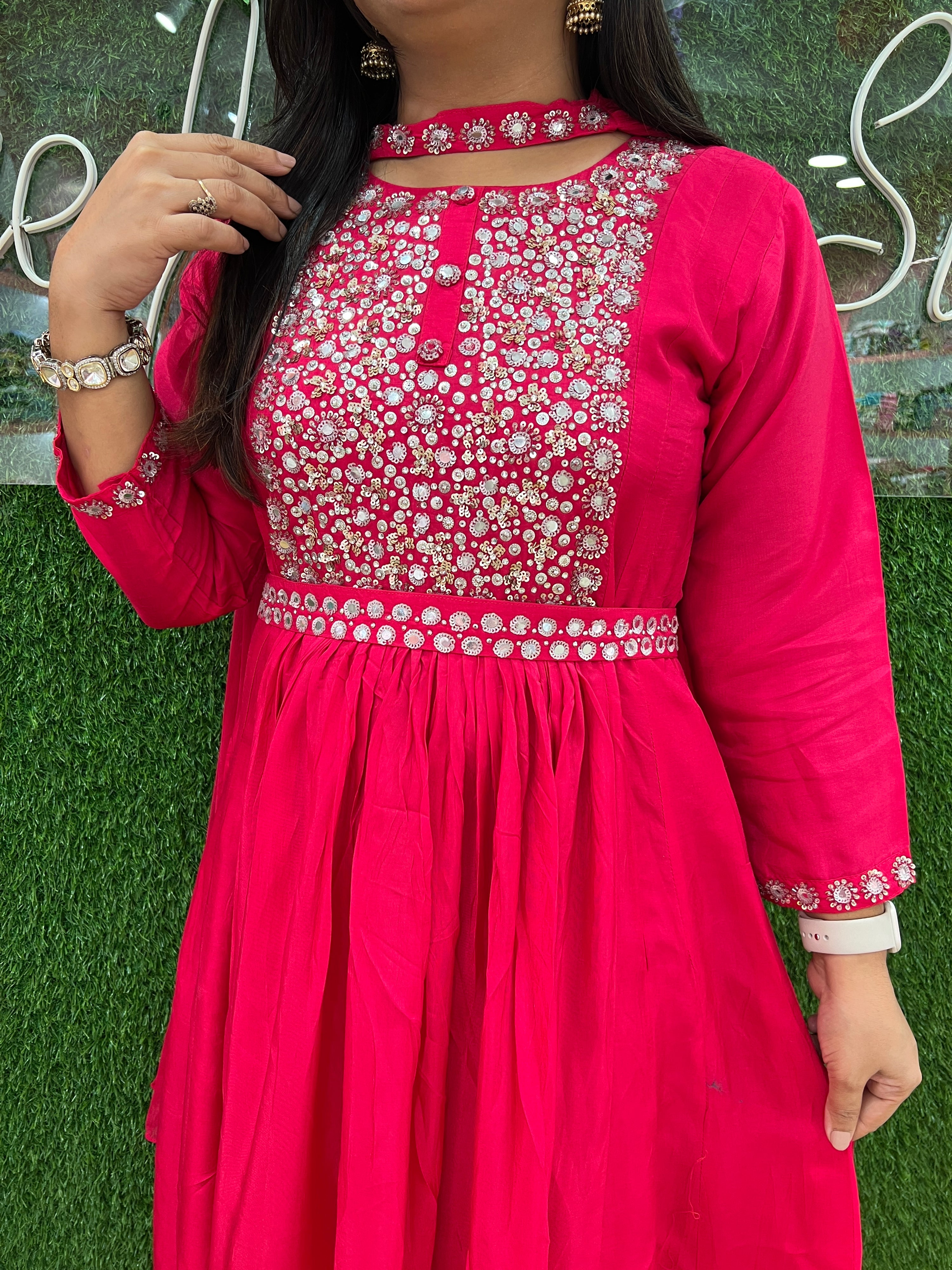 Seher Pink Hand Embroidered Muslin Long Gown - The Jaipur Studio