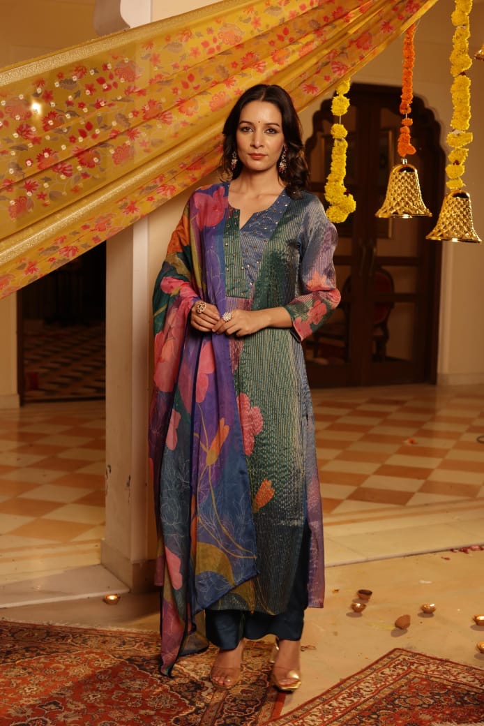Shimmer Tissue Floral Pant Set - The Jaipur Studio