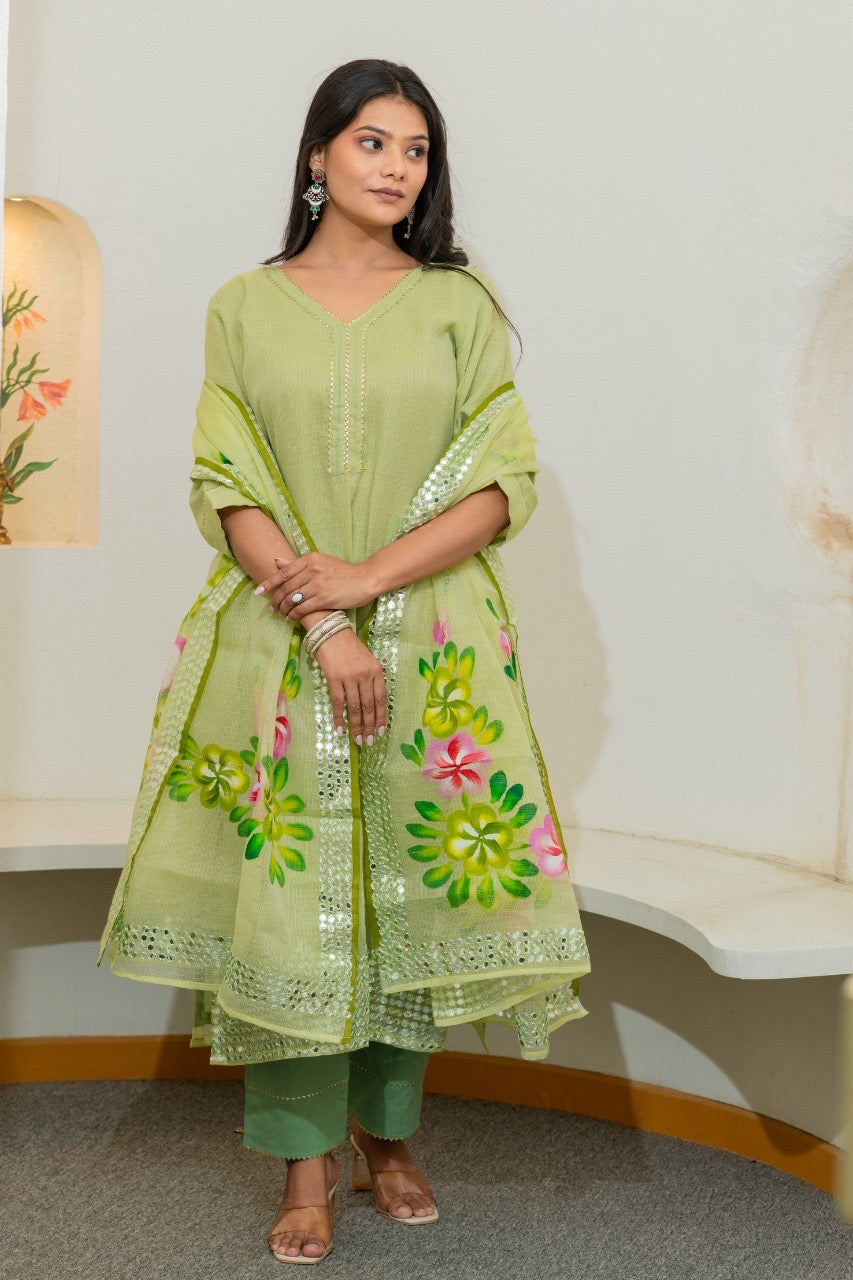 Kota Doria HandPainted Embroidered Pant Set - The Jaipur Studio