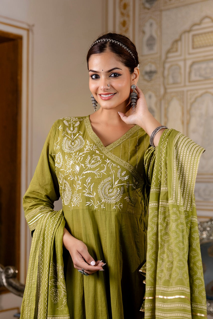 Cotton Angrakha Embroidered Festive Anarkali Set - The Jaipur Studio
