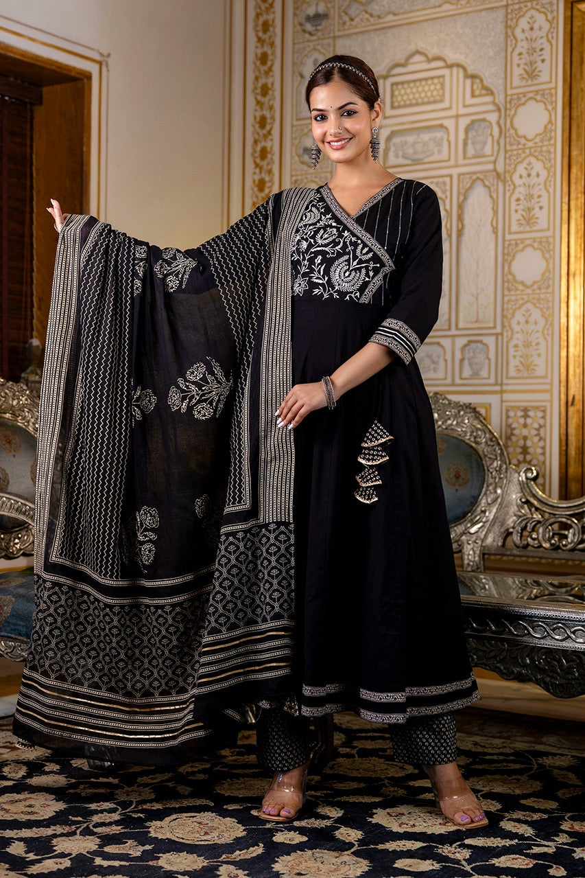 Cotton Angrakha Embroidered Festive Anarkali Set - The Jaipur Studio
