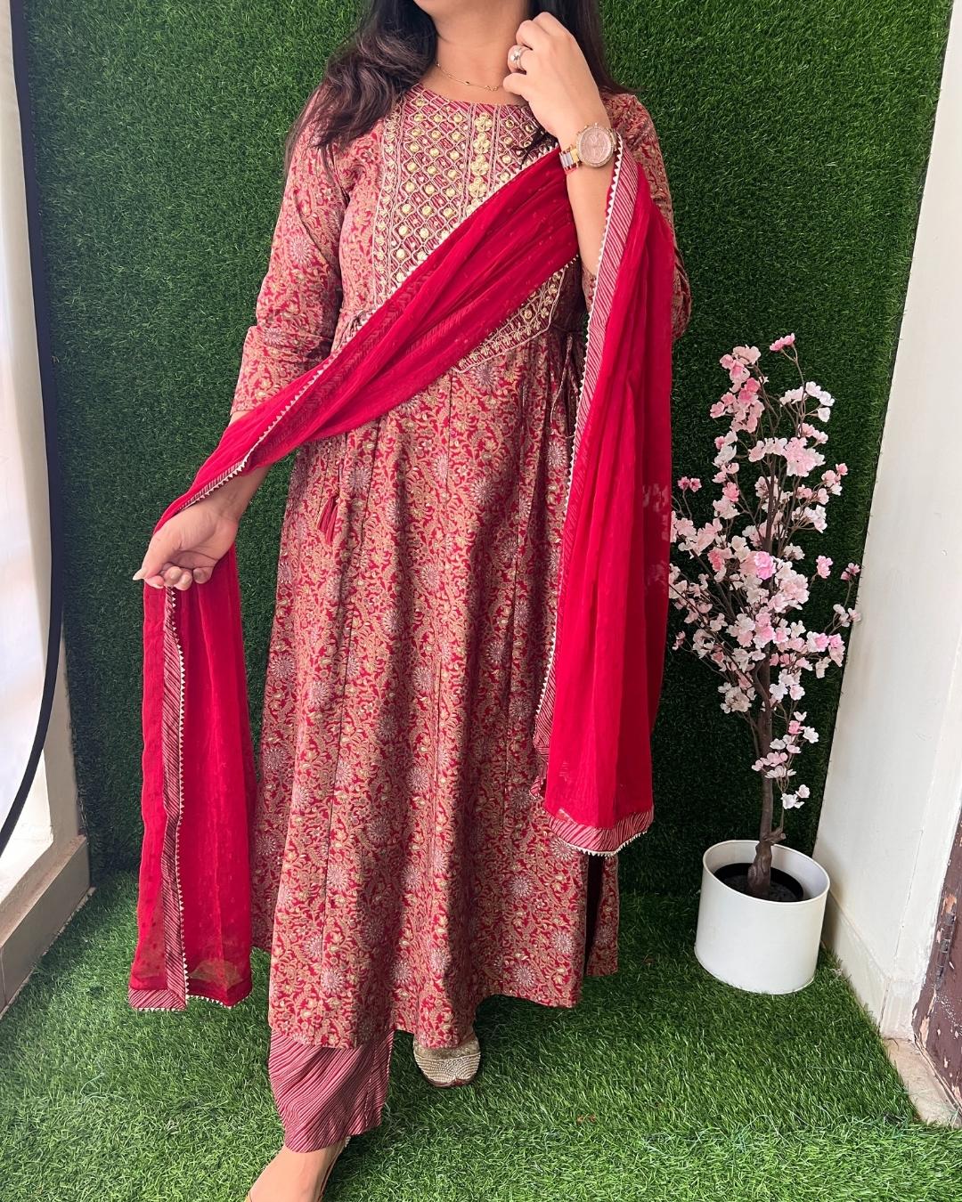Muslin Embrideiered Anarkali Pant Set - The Jaipur Studio