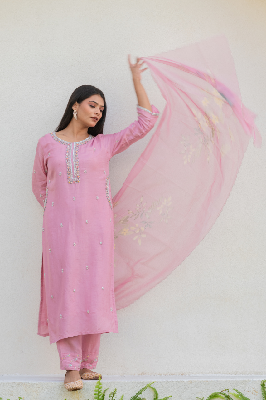 Nazrana Silk Hand Embroidered Pant Set - The Jaipur Studio