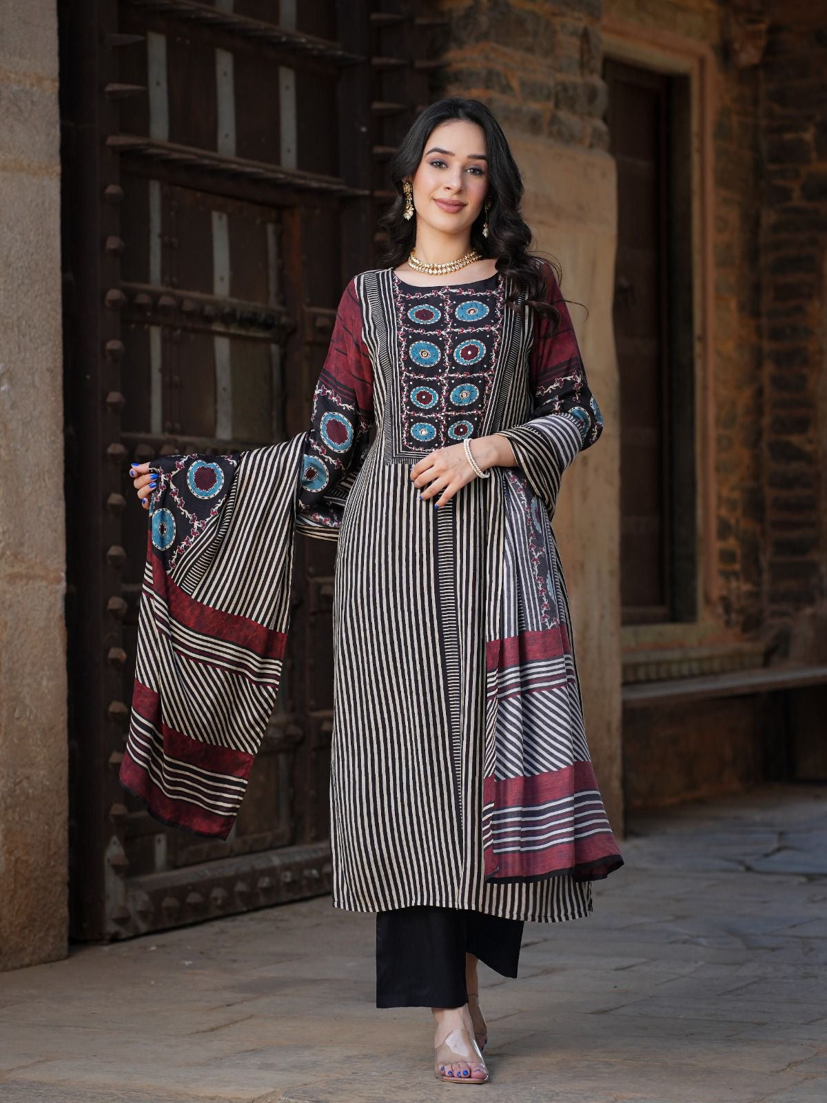 Muslin Batik Print Strips Embrodiered Pant Set - The Jaipur Studio