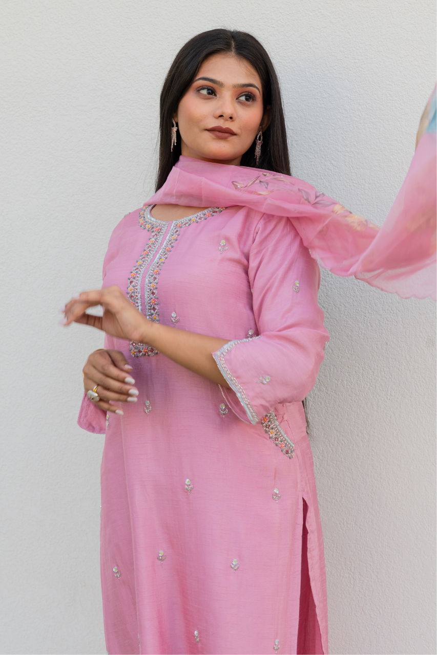 Nazrana Silk Hand Embroidered Pant Set - The Jaipur Studio