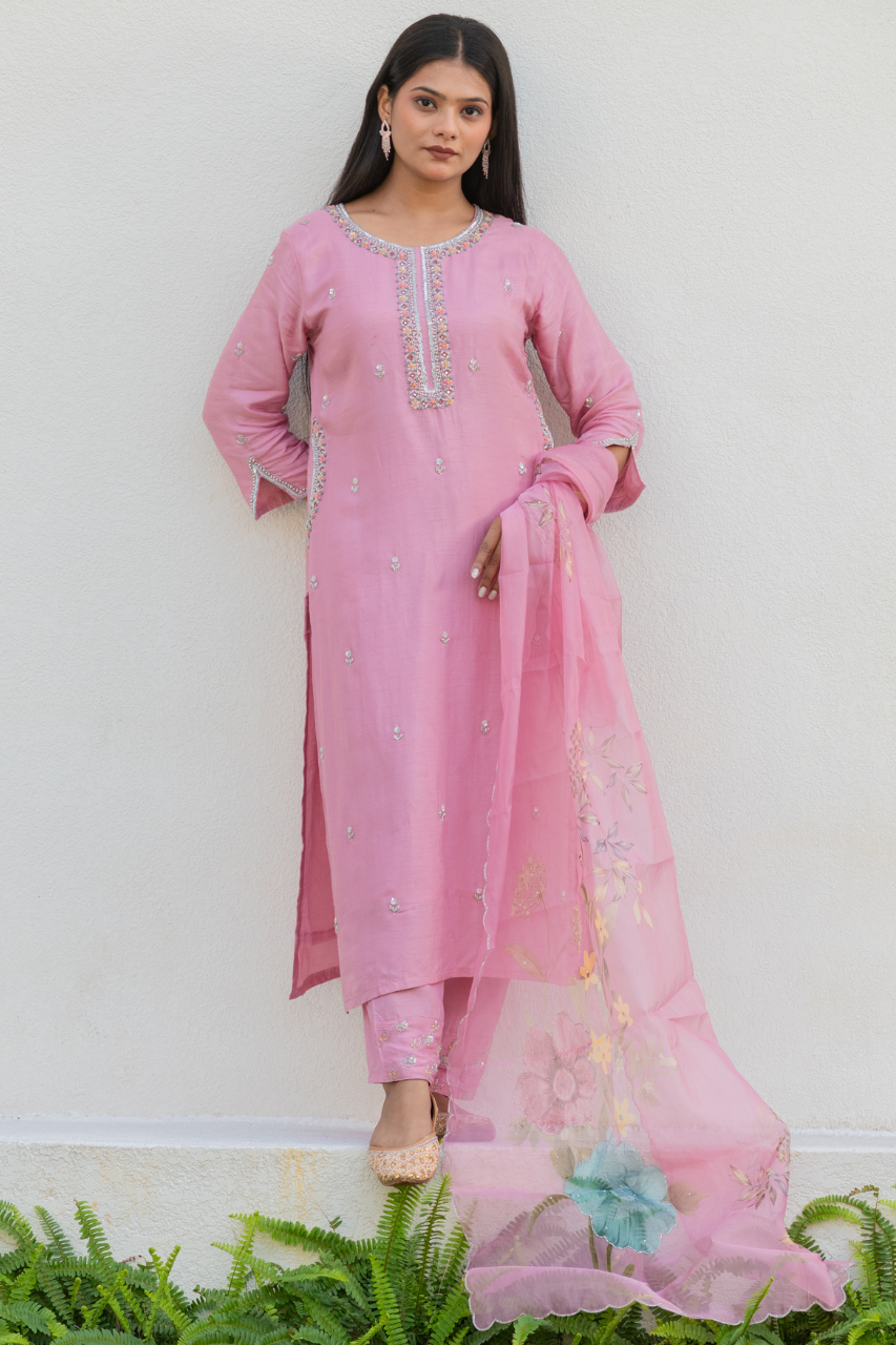 Nazrana Silk Hand Embroidered Pant Set - The Jaipur Studio
