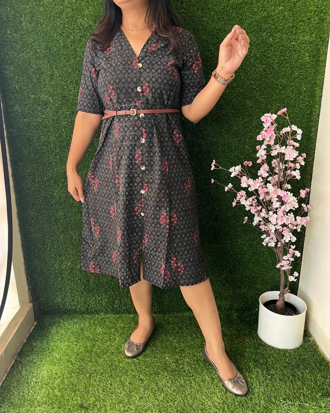 Amara cotton Short Dress with Belt Black - The Jaipur Studio