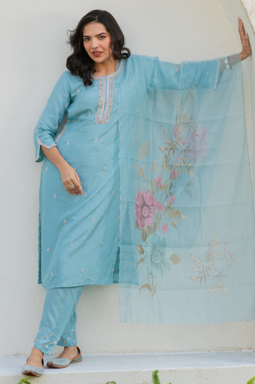 Nazrana Silk Hand Embroidered Pant Set - The Jaipur Studio