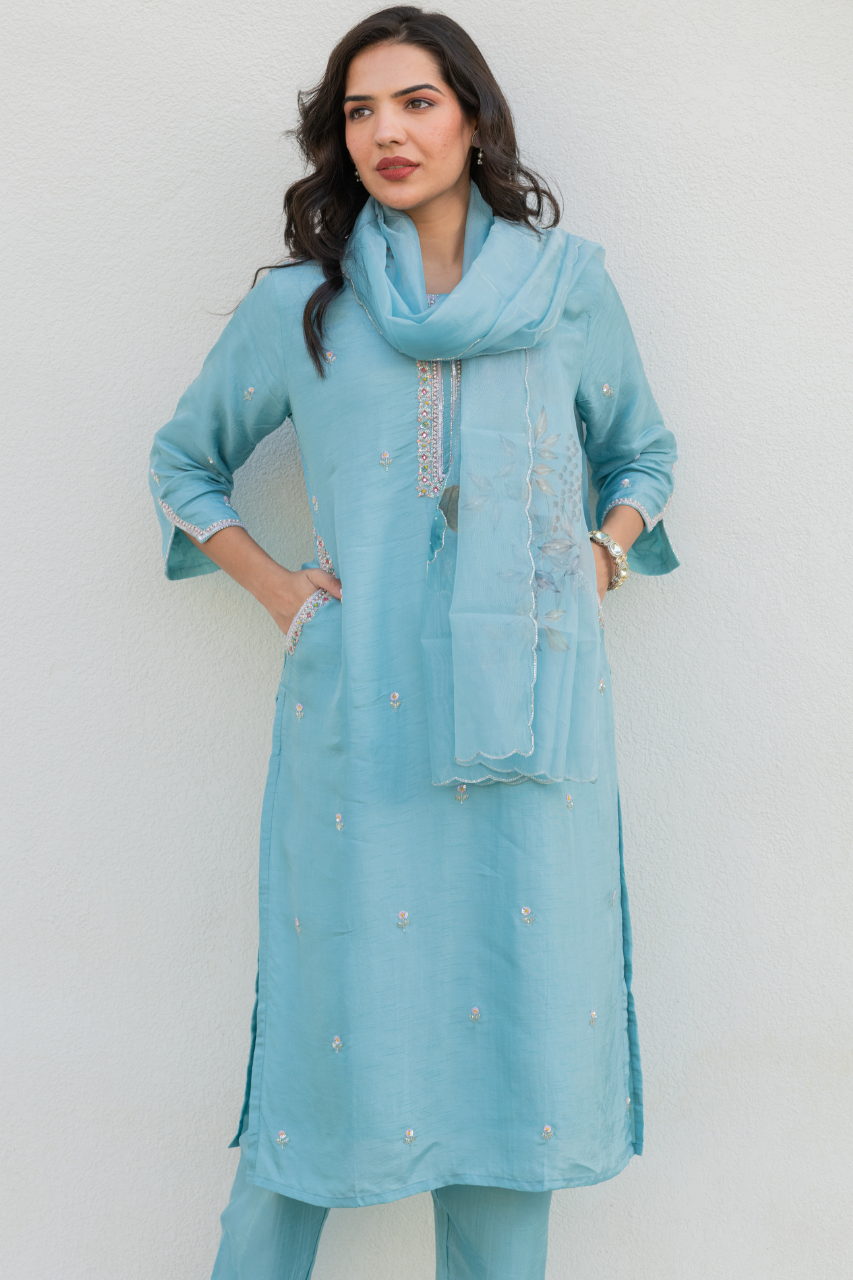 Nazrana Silk Hand Embroidered Pant Set - The Jaipur Studio