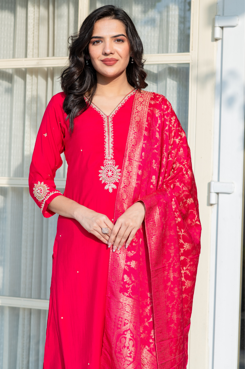 Ruhani Silk Hand Embroidered Pant Set - The Jaipur Studio