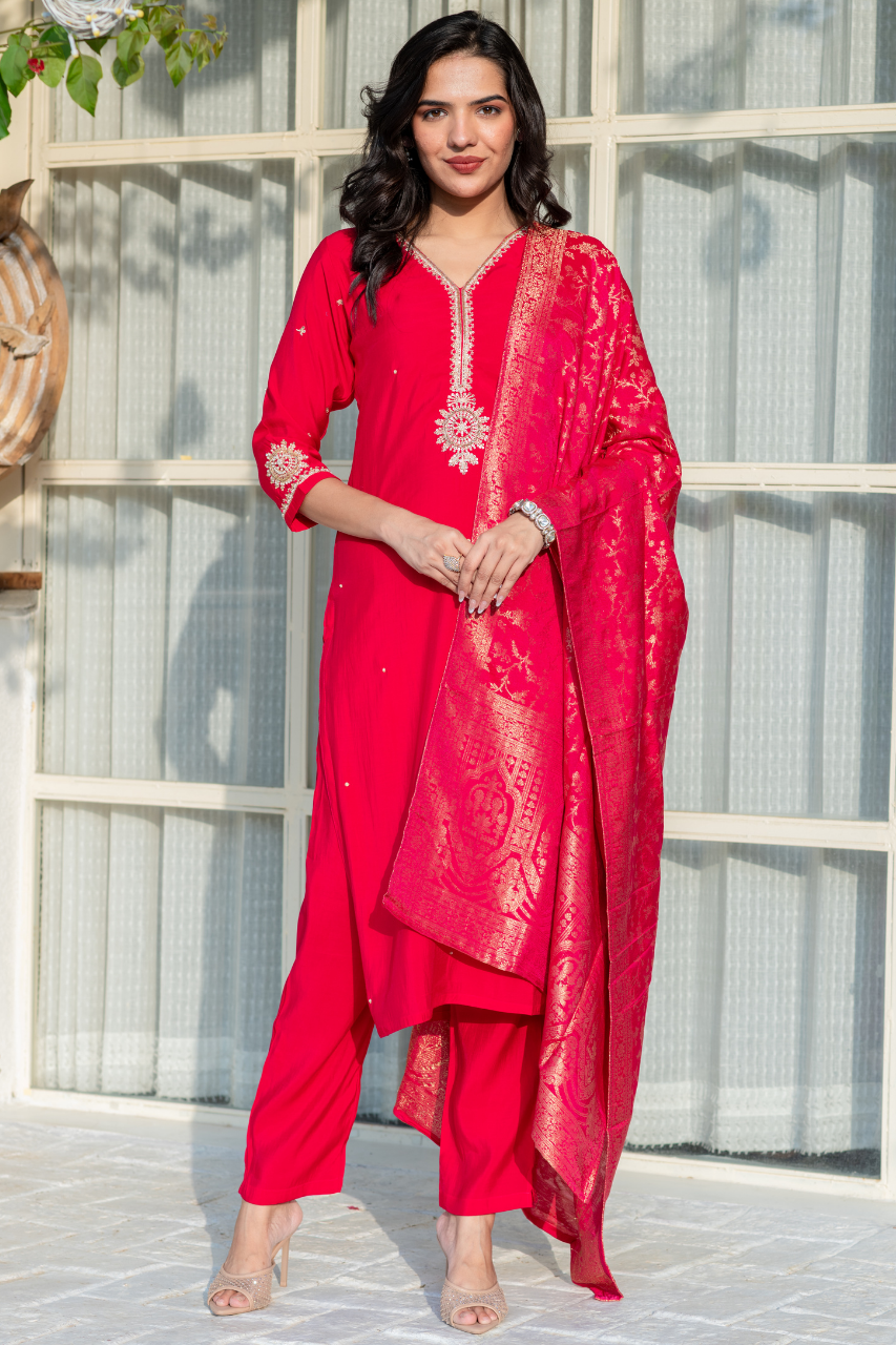 Ruhani Silk Hand Embroidered Pant Set - The Jaipur Studio