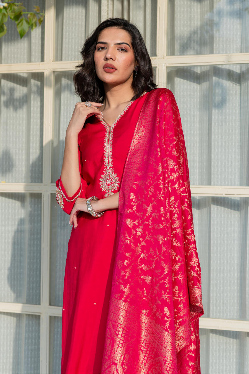 Ruhani Silk Hand Embroidered Pant Set - The Jaipur Studio