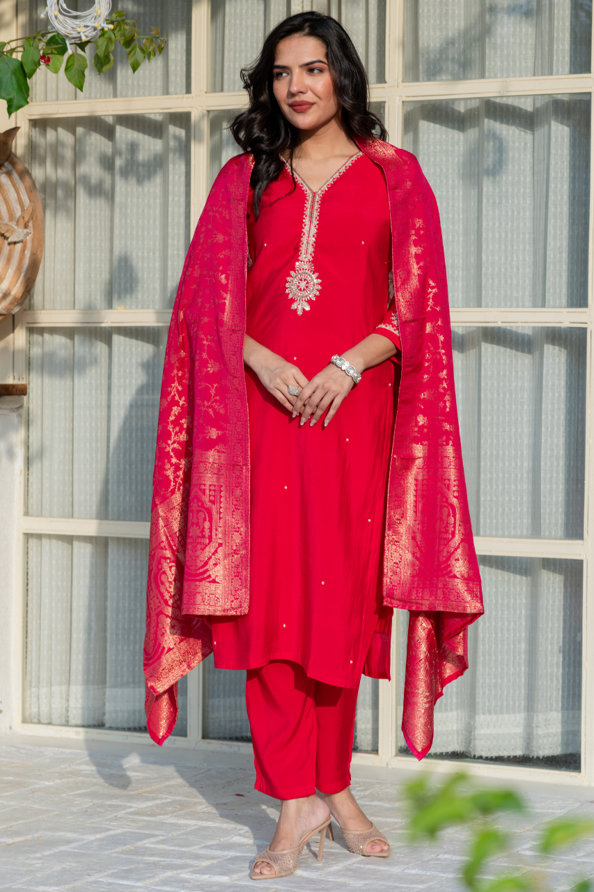 Ruhani Silk Hand Embroidered Pant Set - The Jaipur Studio