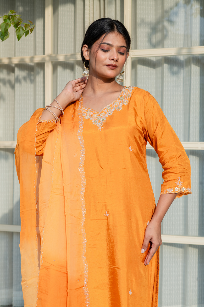 'Aabroo' Silk Hand Embroidered Pant Set - The Jaipur Studio