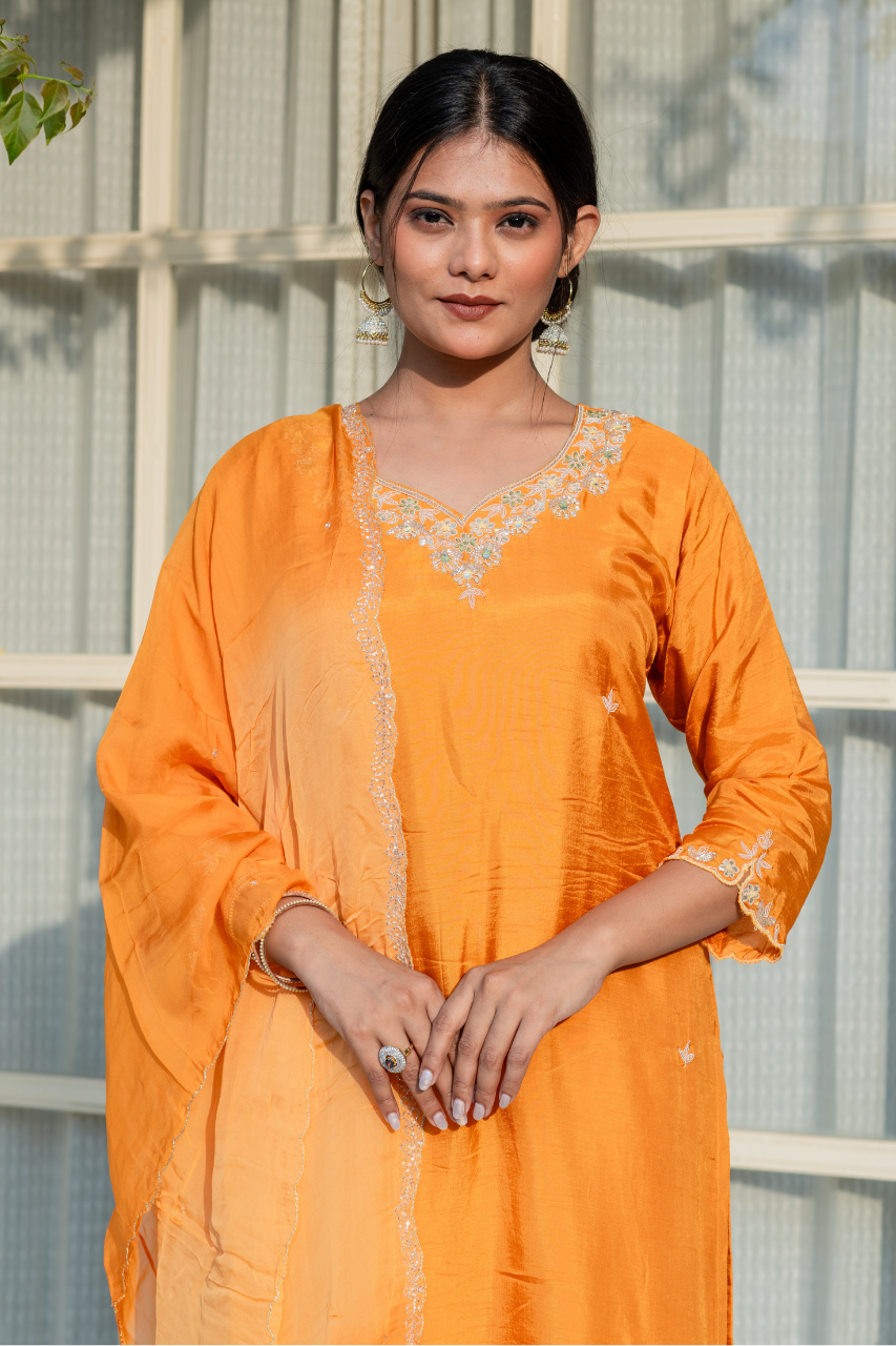 'Aabroo' Silk Hand Embroidered Pant Set - The Jaipur Studio