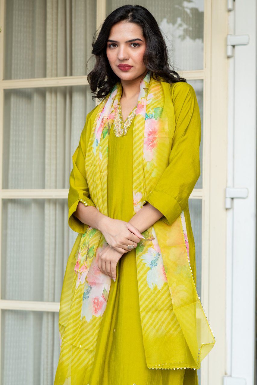 'Gulposh' Silk Green Hand Embroidered Pant Set - The Jaipur Studio