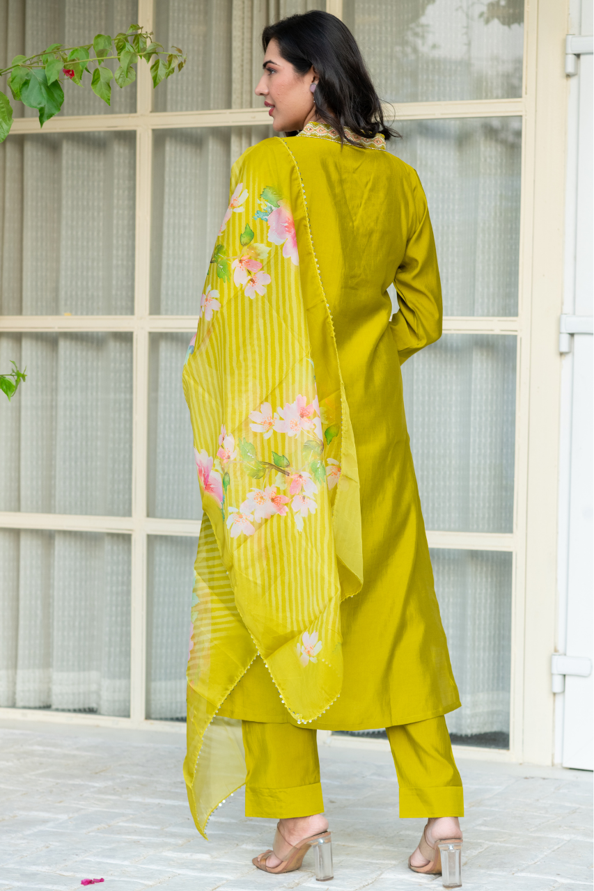 'Gulposh' Silk Green Hand Embroidered Pant Set - The Jaipur Studio