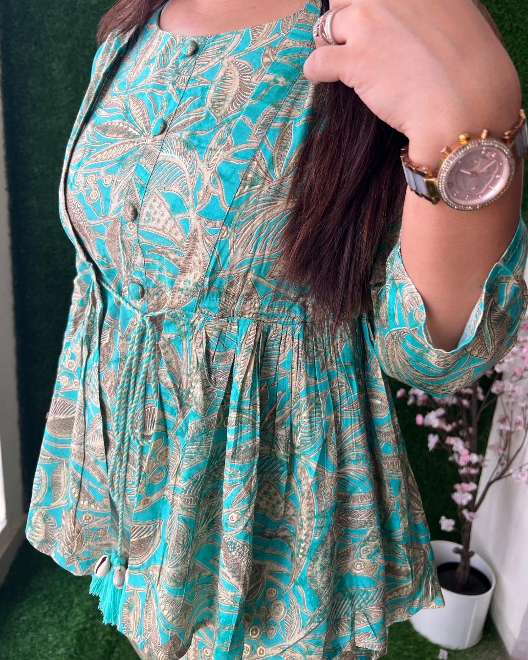 Trendy Muslin Coord Set with Detachable Jacket Green - The Jaipur Studio