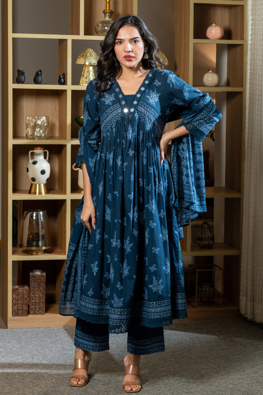 Indigo Cotton Embroidered Alia Pant Set - The Jaipur Studio