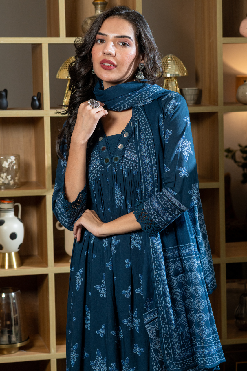 Indigo Cotton Embroidered Alia Pant Set - The Jaipur Studio