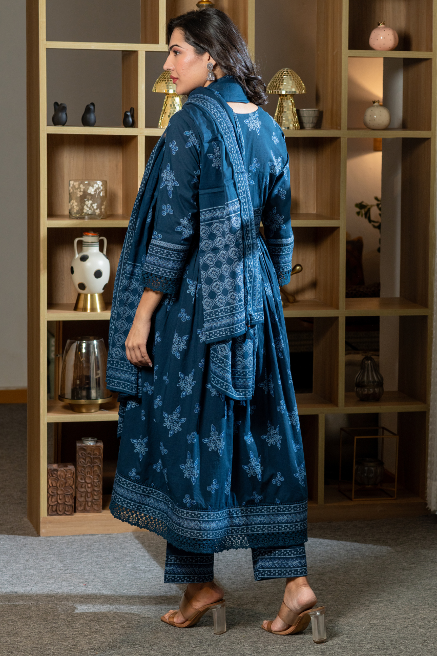 Indigo Cotton Embroidered Alia Pant Set - The Jaipur Studio