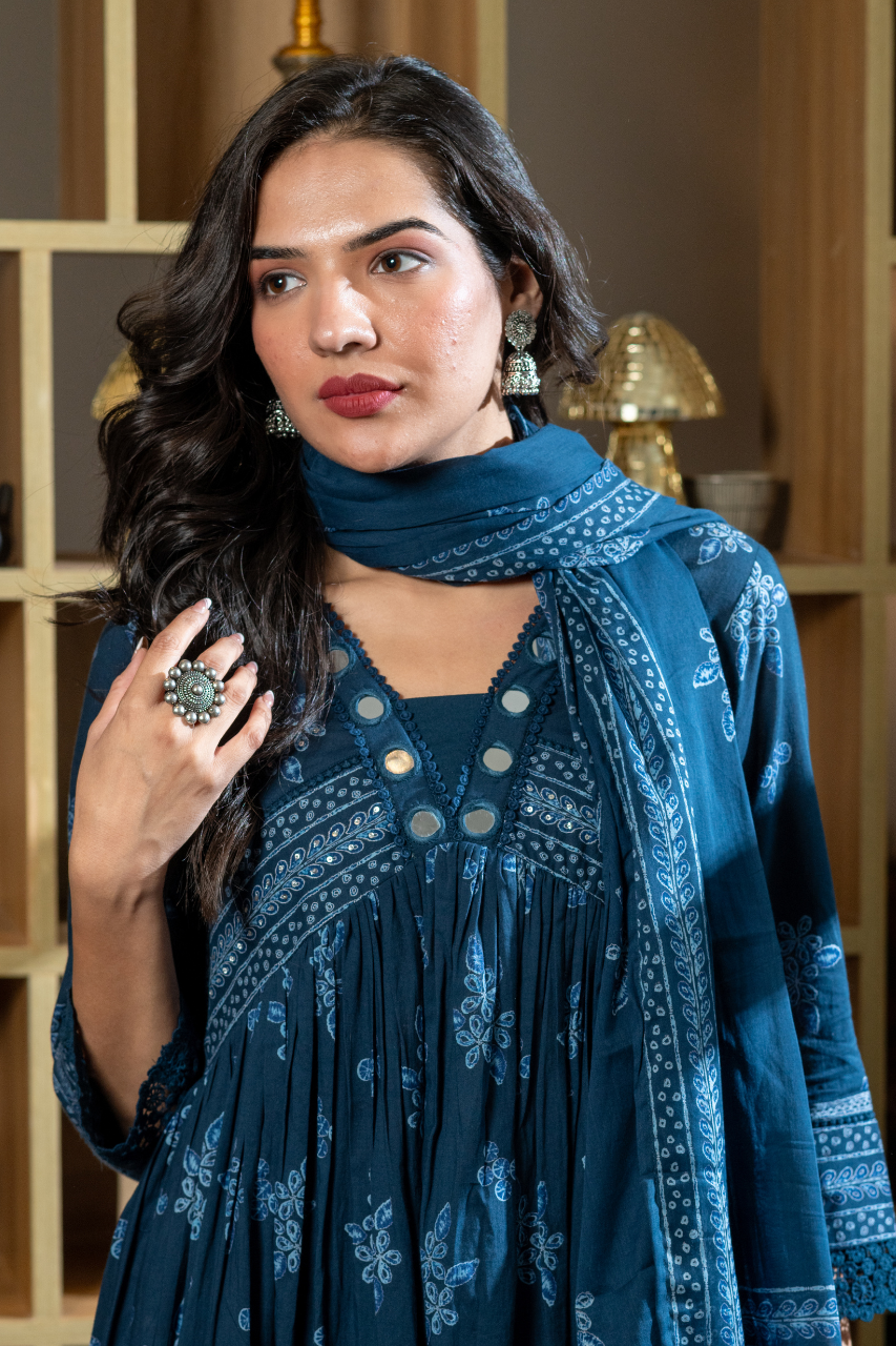 Indigo Cotton Embroidered Alia Pant Set - The Jaipur Studio