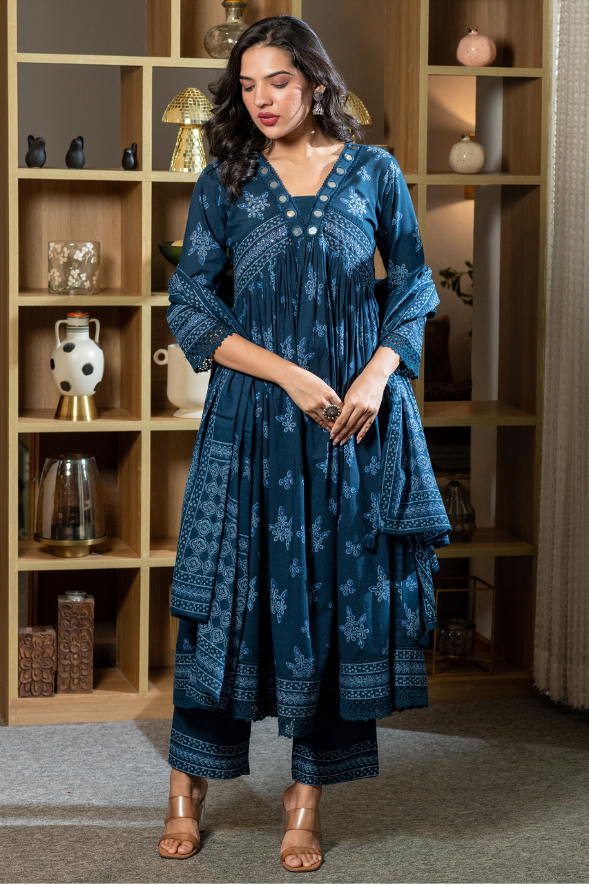 Indigo Cotton Embroidered Alia Pant Set - The Jaipur Studio