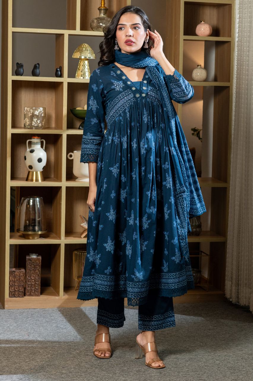 Indigo Cotton Embroidered Alia Pant Set - The Jaipur Studio