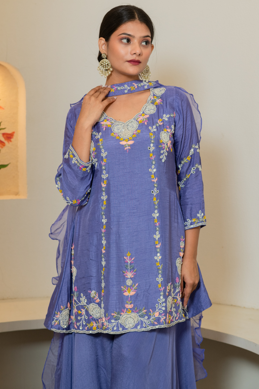 ‘Zainit’ Silk Hand Embroidered Sharara Set - The Jaipur Studio