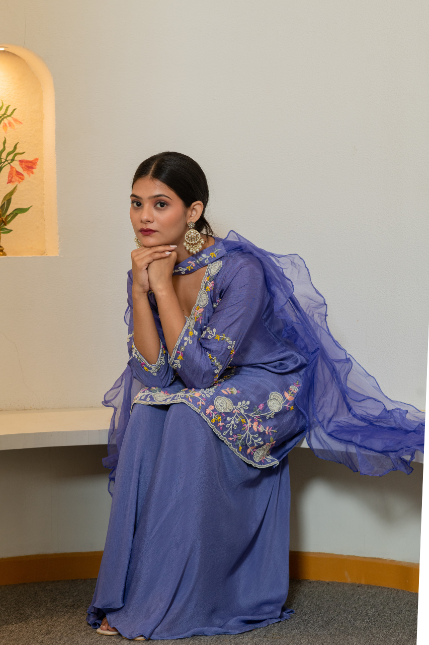 ‘Zainit’ Silk Hand Embroidered Sharara Set - The Jaipur Studio