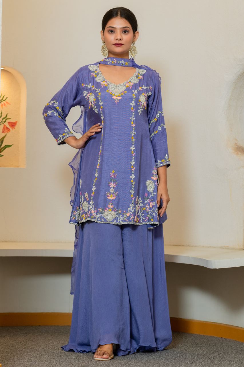 ‘Zainit’ Silk Hand Embroidered Sharara Set - The Jaipur Studio