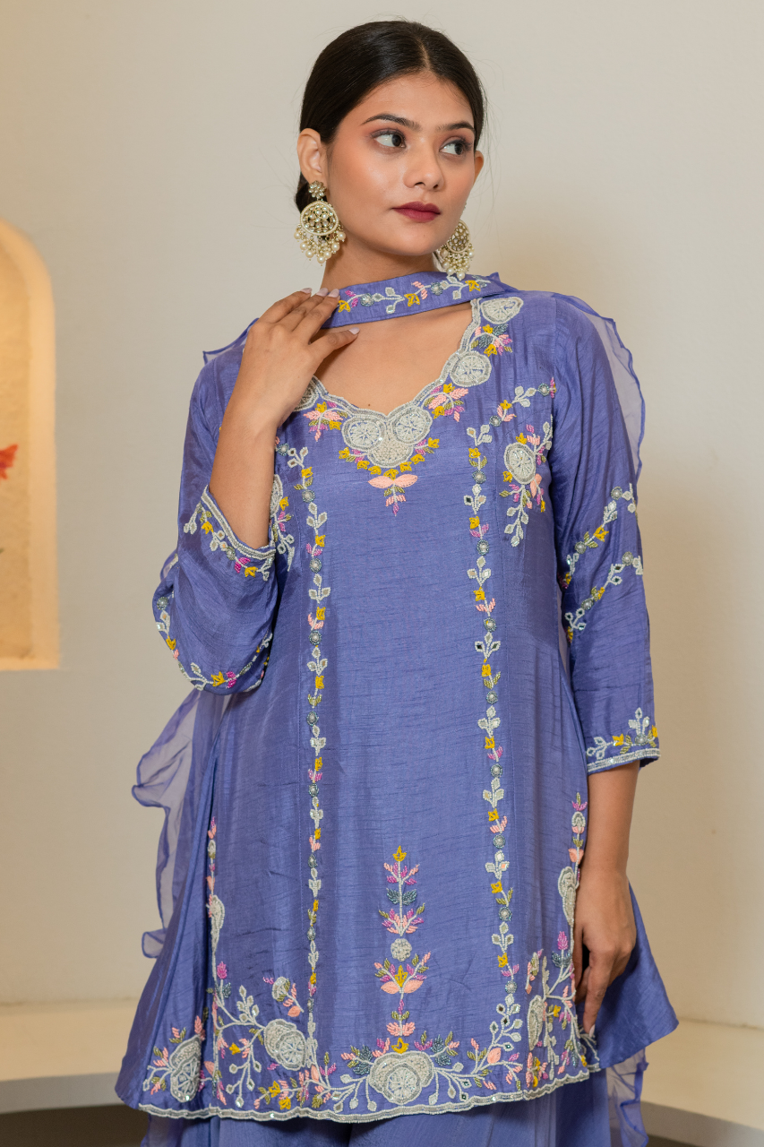‘Zainit’ Silk Hand Embroidered Sharara Set - The Jaipur Studio