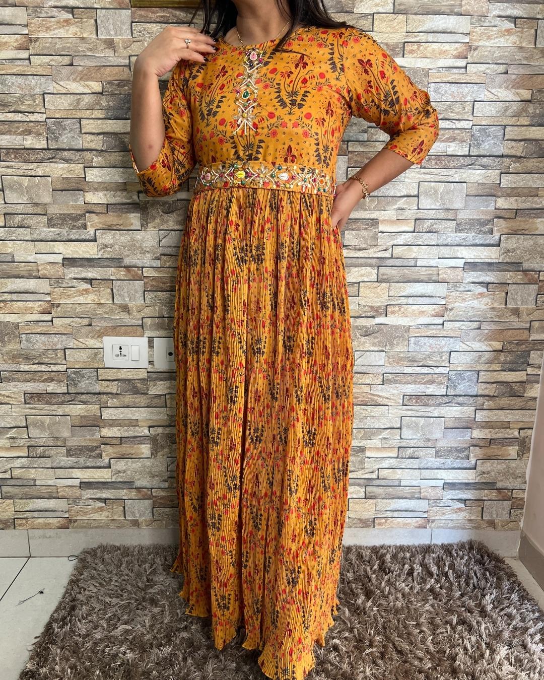 Daisy Yellow Pleated Bling Dress with Belt - The Jaipur Studio