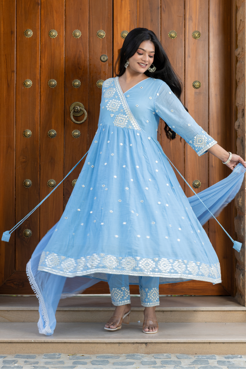 Sahaj Mul Cotton Embroidered Anarkali Set - The Jaipur Studio