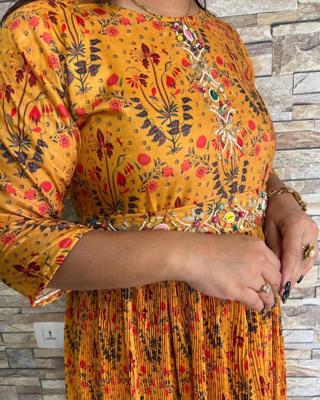 Daisy Yellow Pleated Bling Dress with Belt - The Jaipur Studio