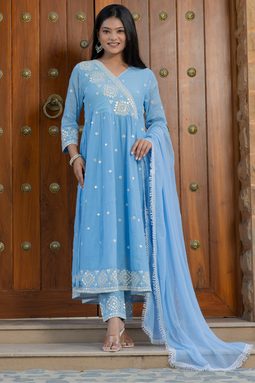 Sahaj Mul Cotton Embroidered Anarkali Set - The Jaipur Studio