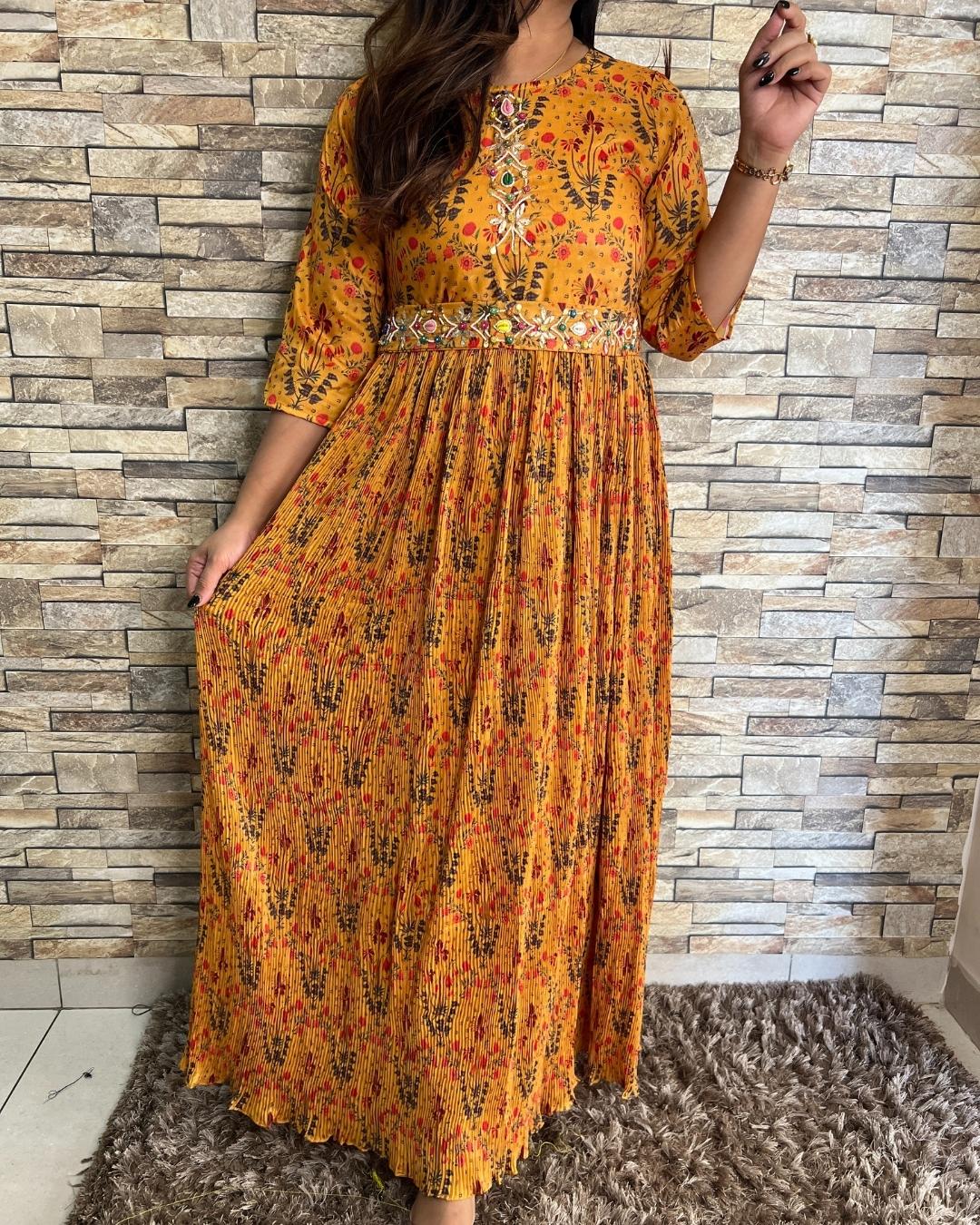 Daisy Yellow Pleated Bling Dress with Belt - The Jaipur Studio