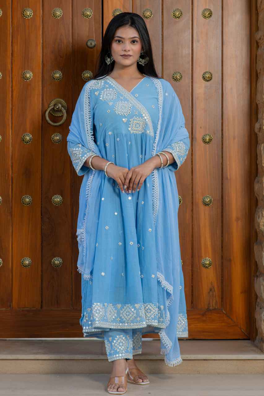 Sahaj Mul Cotton Embroidered Anarkali Set - The Jaipur Studio