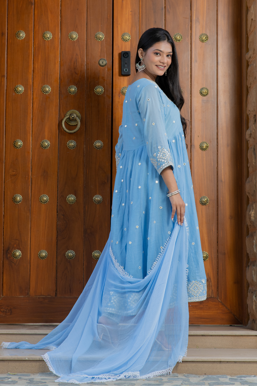 Sahaj Mul Cotton Embroidered Anarkali Set - The Jaipur Studio