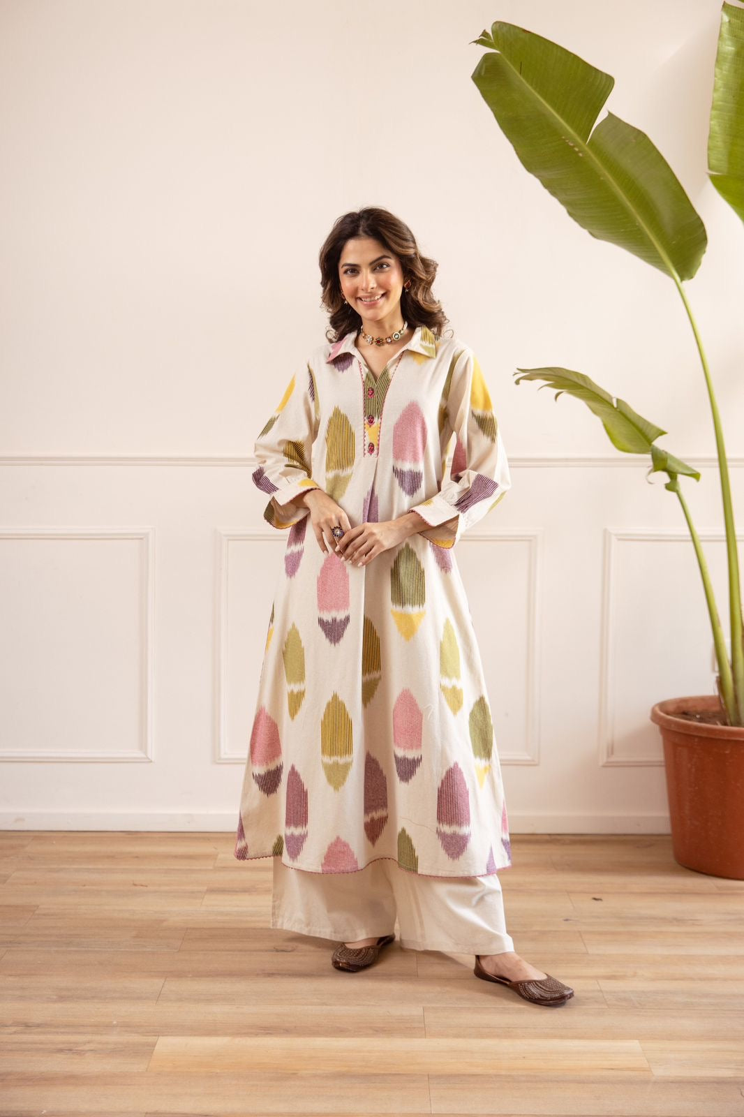 Hania Offwhite MultiColor Ikkat A-line Kurta Set Hania Offwhite MultiColor Ikkat A-line Kurta Set