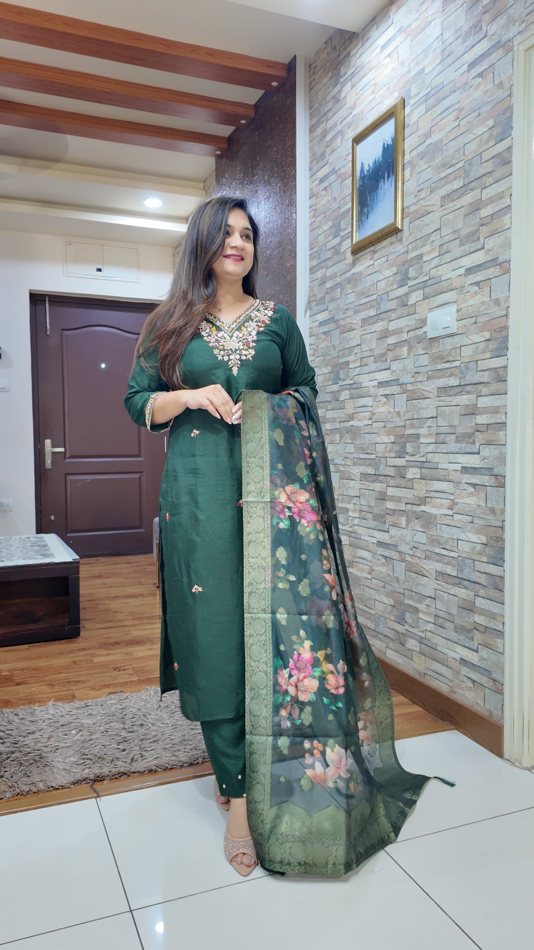 Green Silk Hand embroidered Pant Set - The Jaipur Studio