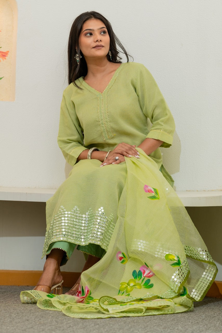 Kota Doria HandPainted Embroidered Pant Set - The Jaipur Studio