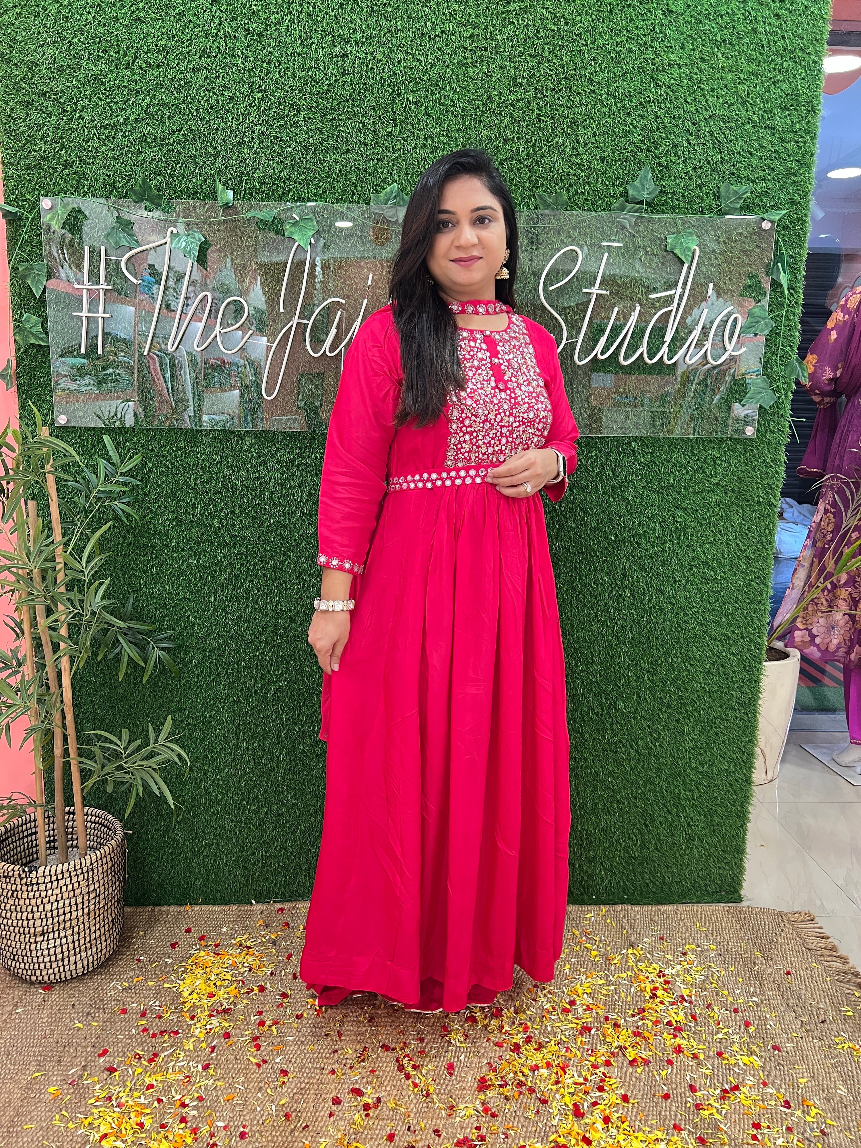 Seher Pink Hand Embroidered Muslin Long Gown - The Jaipur Studio